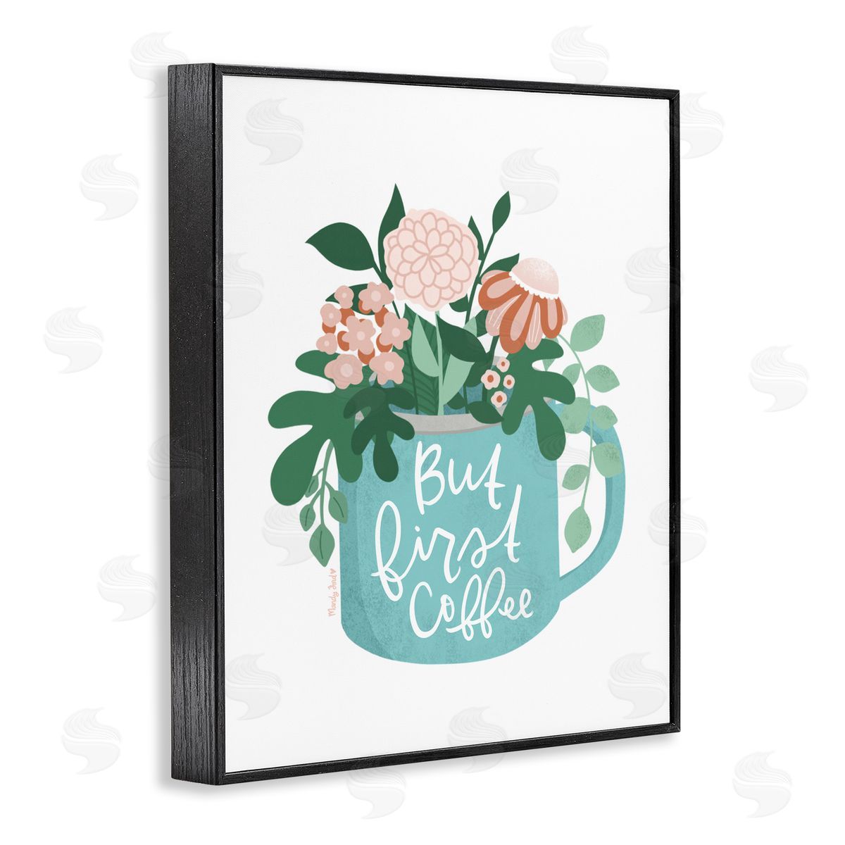 Floral But First Coffee Black Frame Print Wall Art, Home Decor by Mandy Ford Art + Illustration