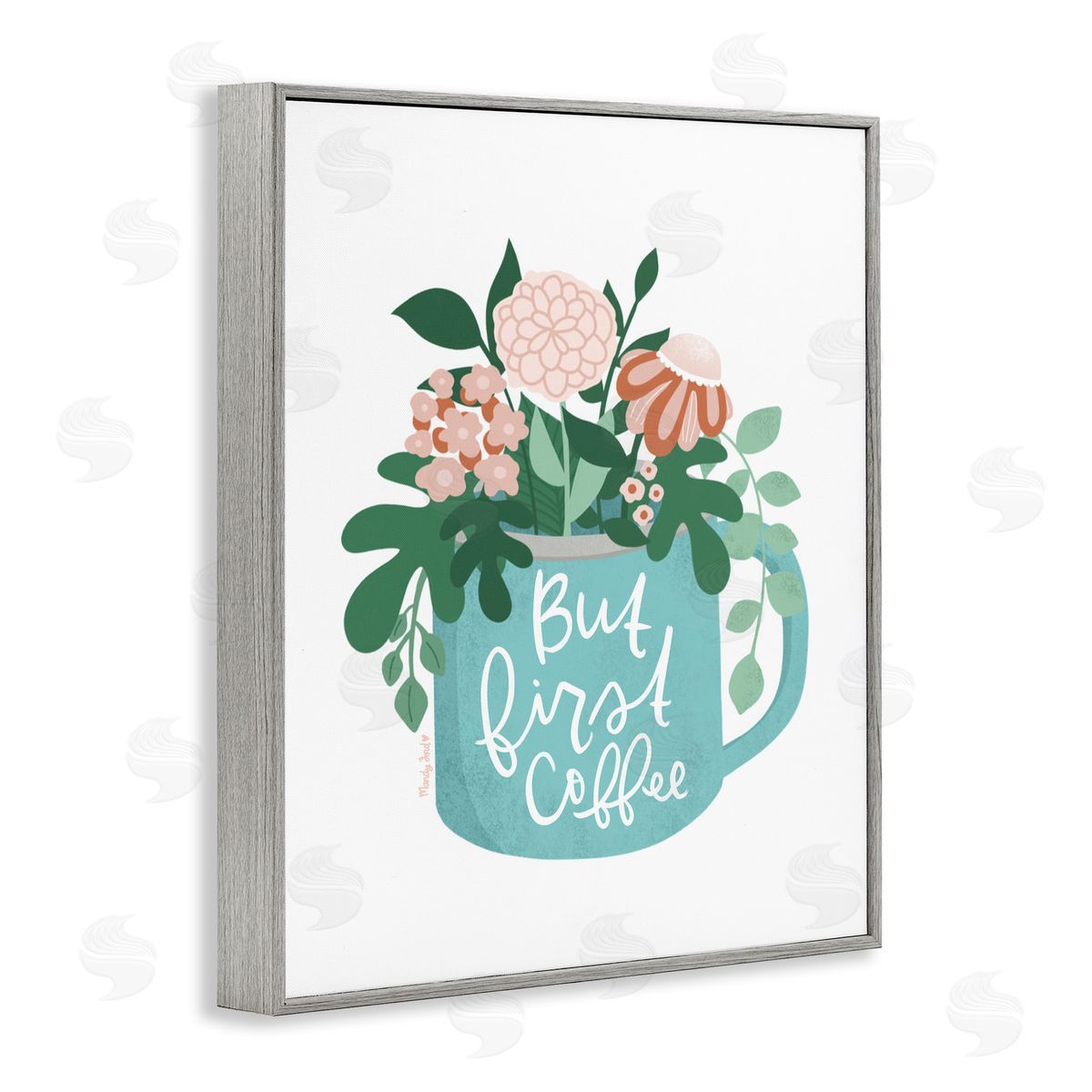 Floral But First Coffee Grey Frame Print Wall Art, Home Decor by Mandy Ford Art + Illustration