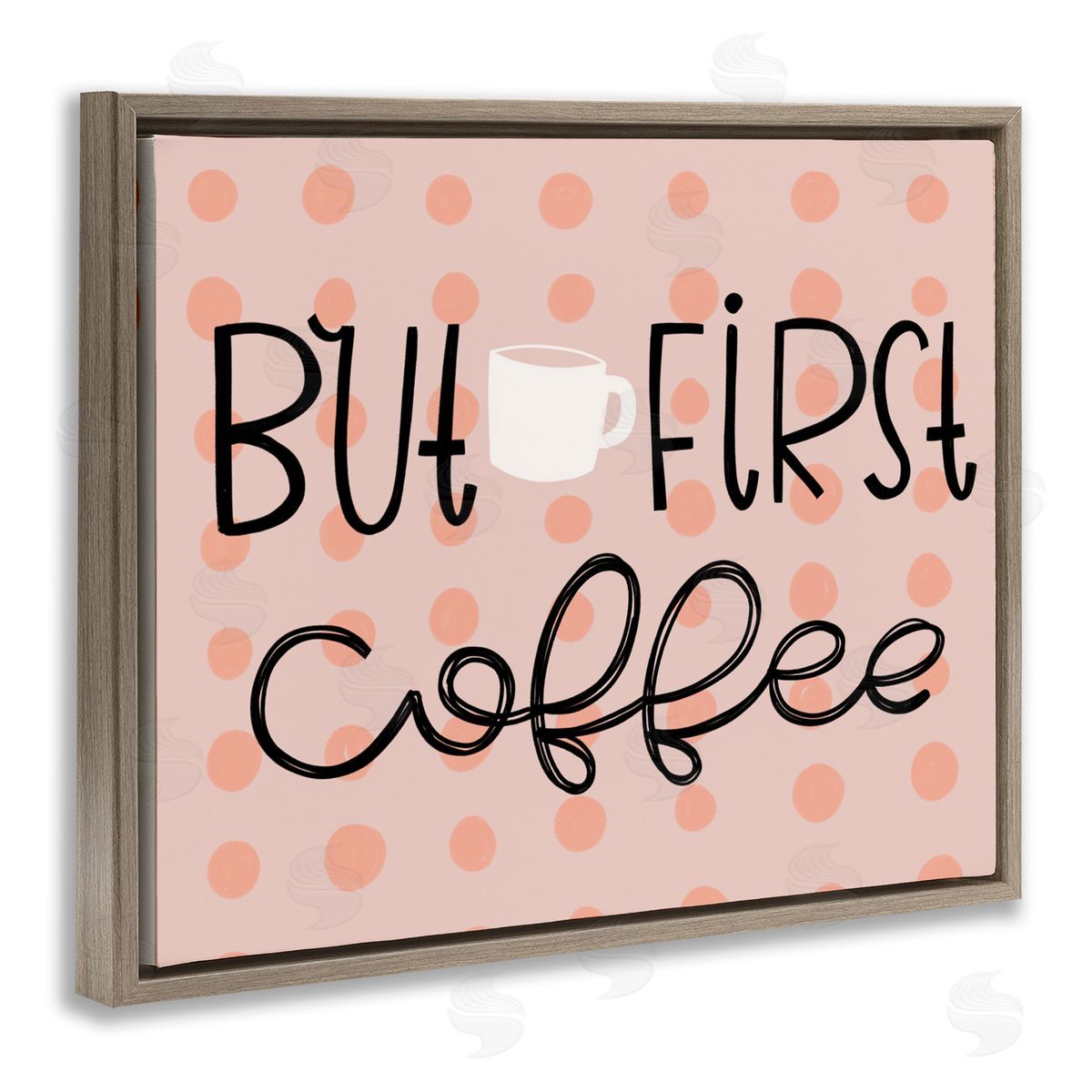 But First Coffee Polka Dots Brown Floating Frame Canvas Wall Art, Home Decor by Mandy Ford Art + Illustration