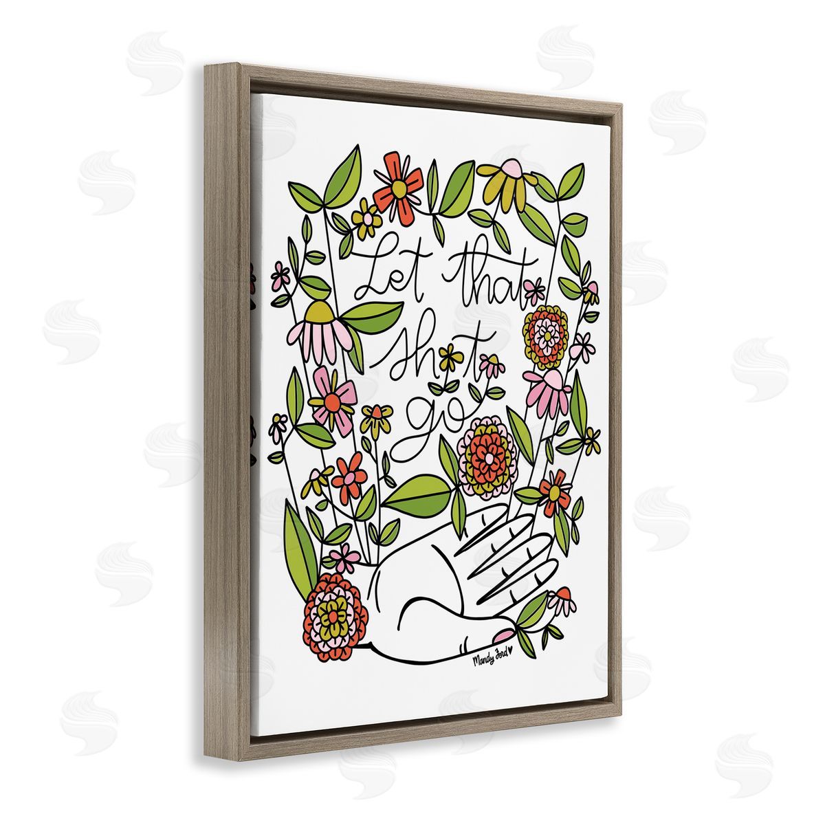 Let It Go Floral Phrase Brown Floating Frame Canvas Wall Art, Home Decor by Mandy Ford Art + Illustration