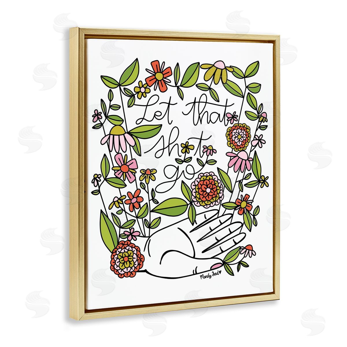 Let It Go Floral Phrase Gold Floating Frame Canvas Wall Art, Home Decor by Mandy Ford Art + Illustration