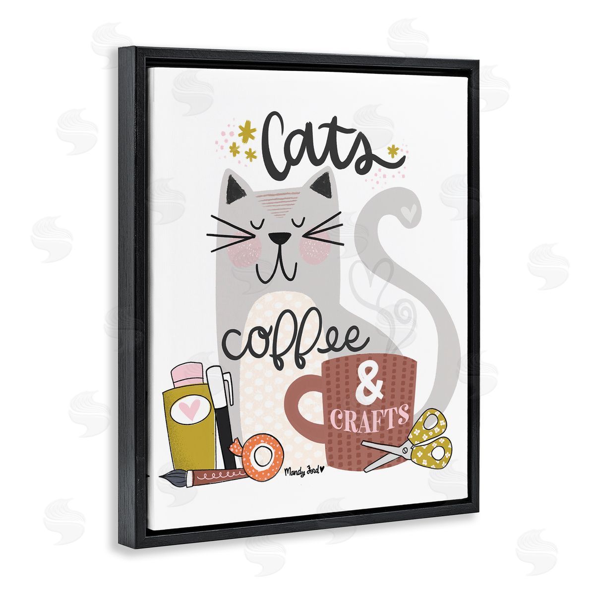 Cats Coffee & Crafts Black Floating Frame Canvas Wall Art, Home Decor by Mandy Ford Art + Illustration