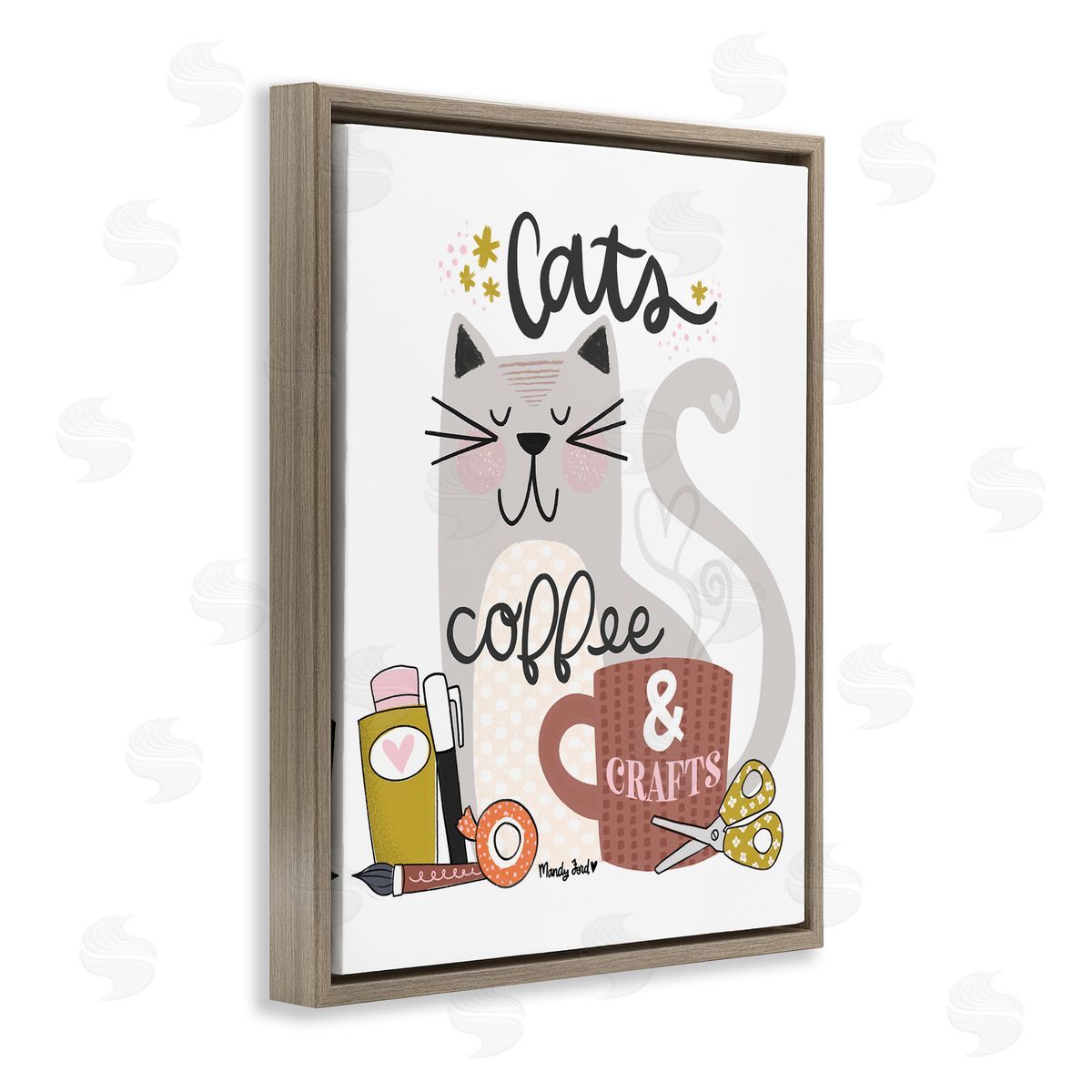 Cats Coffee & Crafts Brown Floating Frame Canvas Wall Art, Home Decor by Mandy Ford Art + Illustration