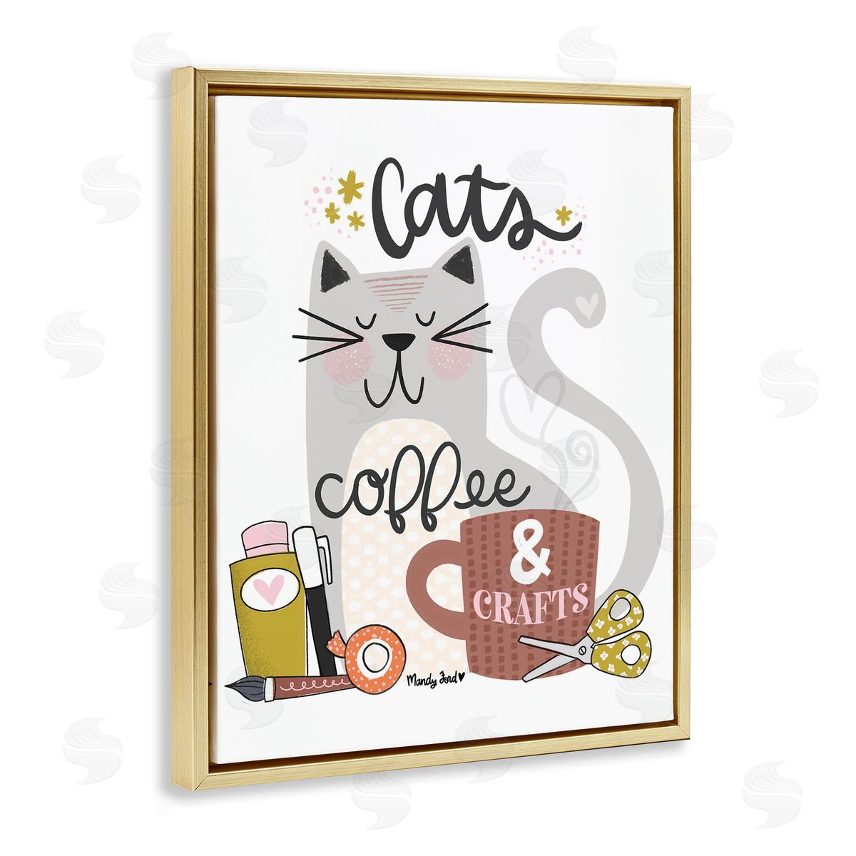 Cats Coffee & Crafts Gold Floating Frame Canvas Wall Art, Home Decor by Mandy Ford Art + Illustration