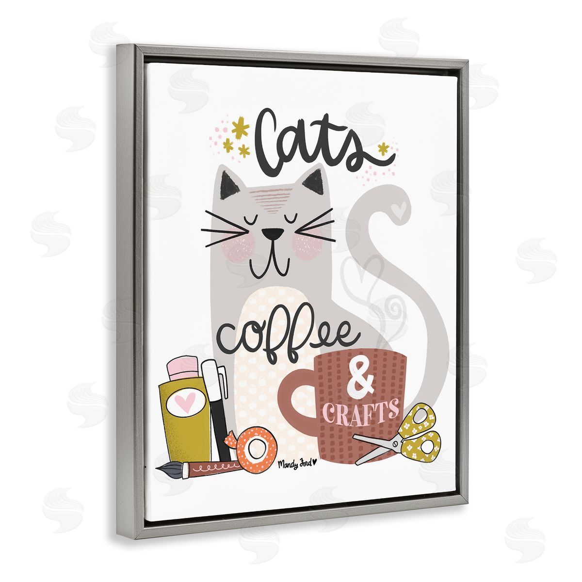 Cats Coffee & Crafts Grey Floating Frame Canvas Wall Art, Home Decor by Mandy Ford Art + Illustration