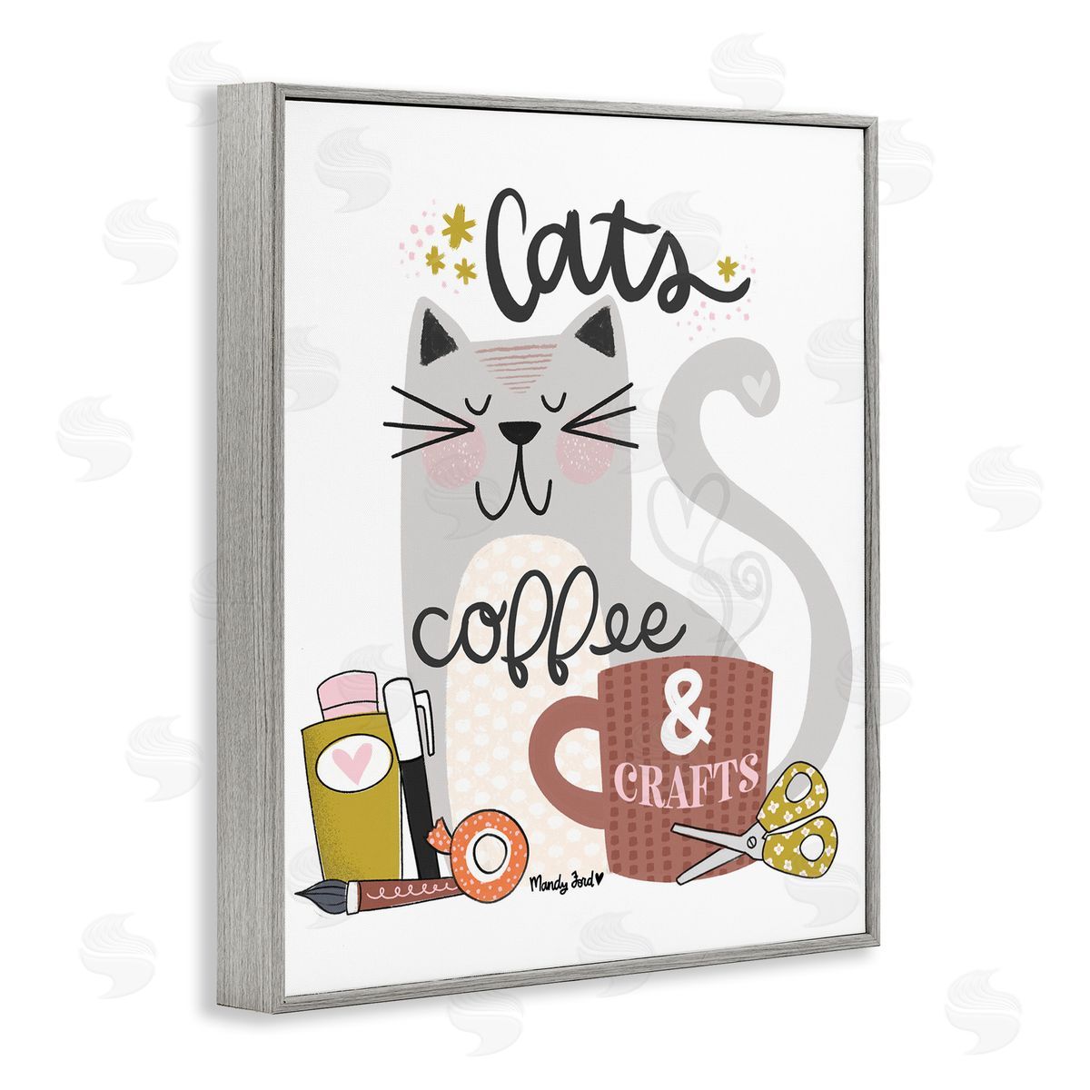 Cats Coffee & Crafts Grey Frame Print Wall Art, Home Decor by Mandy Ford Art + Illustration