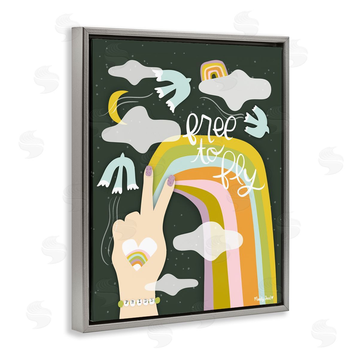 Boho Free To Fly Grey Floating Frame Canvas Wall Art, Home Decor by Mandy Ford Art + Illustration