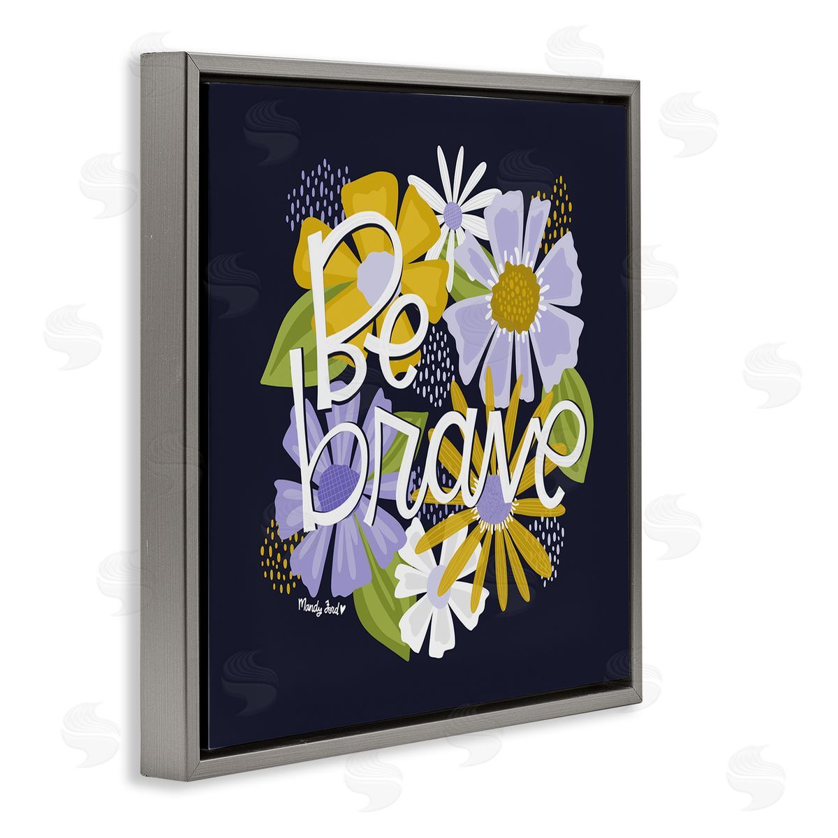 Be Brave over Florals Grey Floating Frame Canvas Wall Art, Home Decor by Mandy Ford Art + Illustration