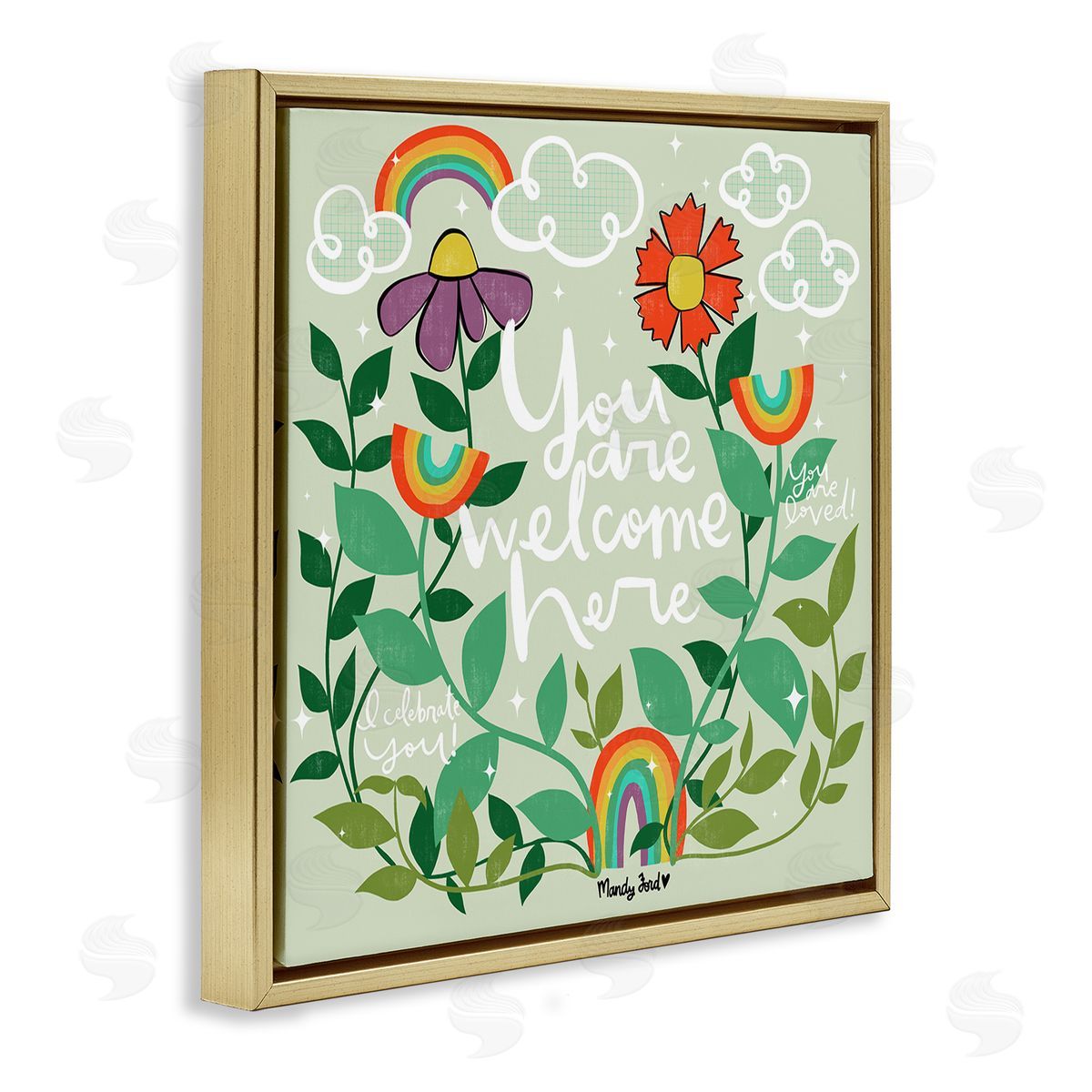 Comforting Welcome Here Phrases Gold Floating Frame Canvas Wall Art, Home Decor by Mandy Ford Art + Illustration