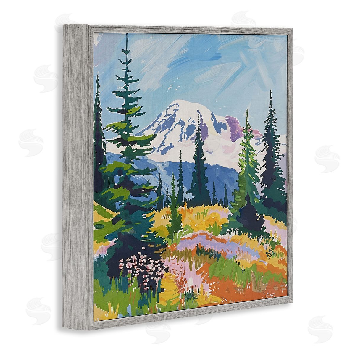 Peaceful Mountain Valley Scenery Grey Frame Print Wall Art, Home Decor by Walker Noble