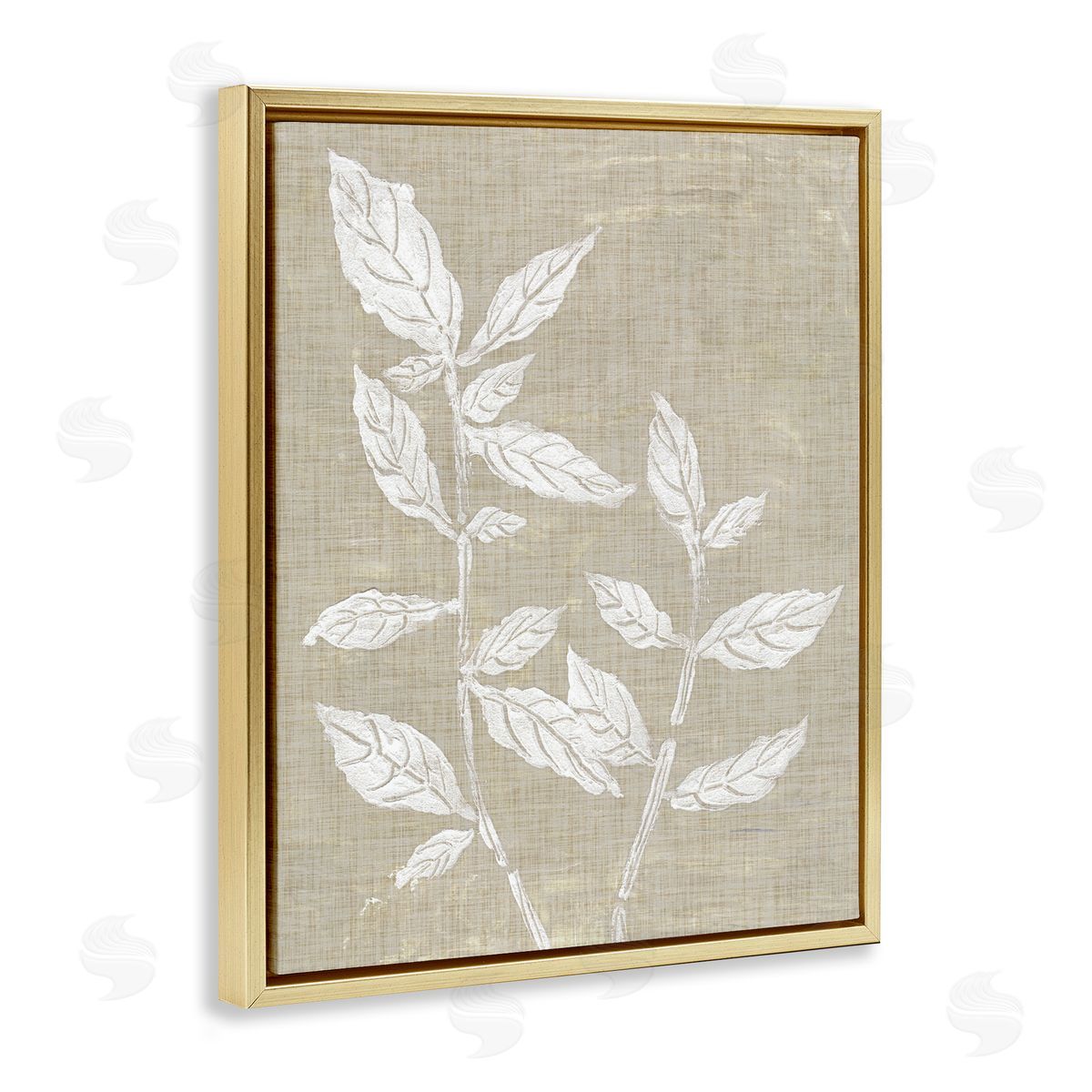 Leaves on Distressed Textile Gold Floating Frame Canvas Wall Art, Home Decor by Melissa Wang
