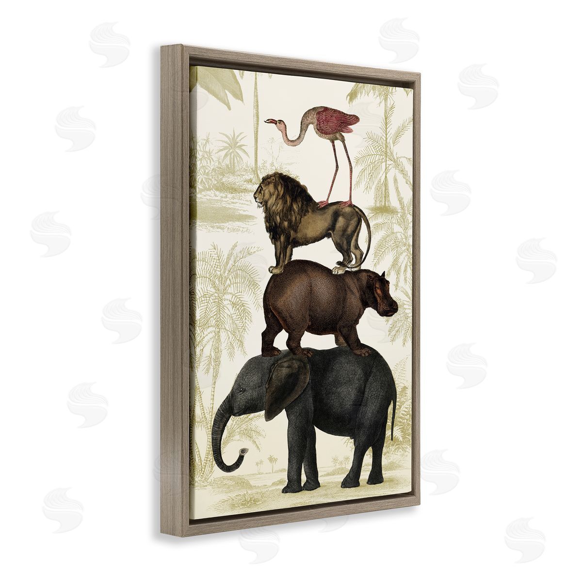 Jungle Animals Tower Brown Floating Frame Canvas Wall Art, Home Decor by Victoria Barnes