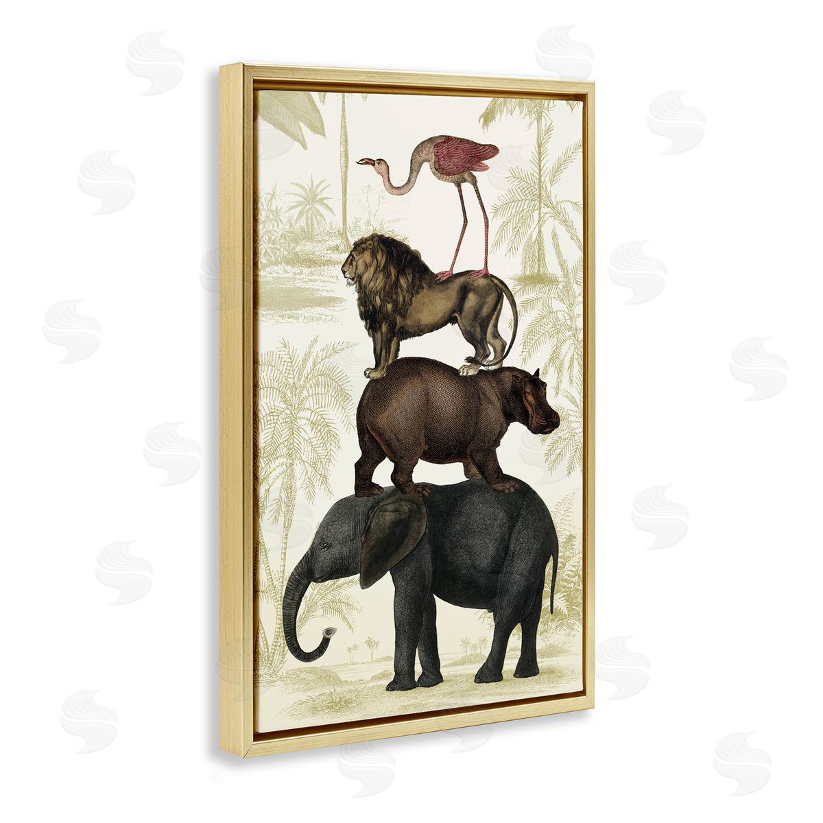 Jungle Animals Tower Gold Floating Frame Canvas Wall Art, Home Decor by Victoria Barnes