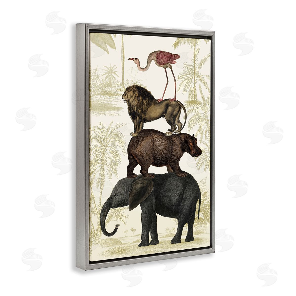 Jungle Animals Tower Grey Floating Frame Canvas Wall Art, Home Decor by Victoria Barnes