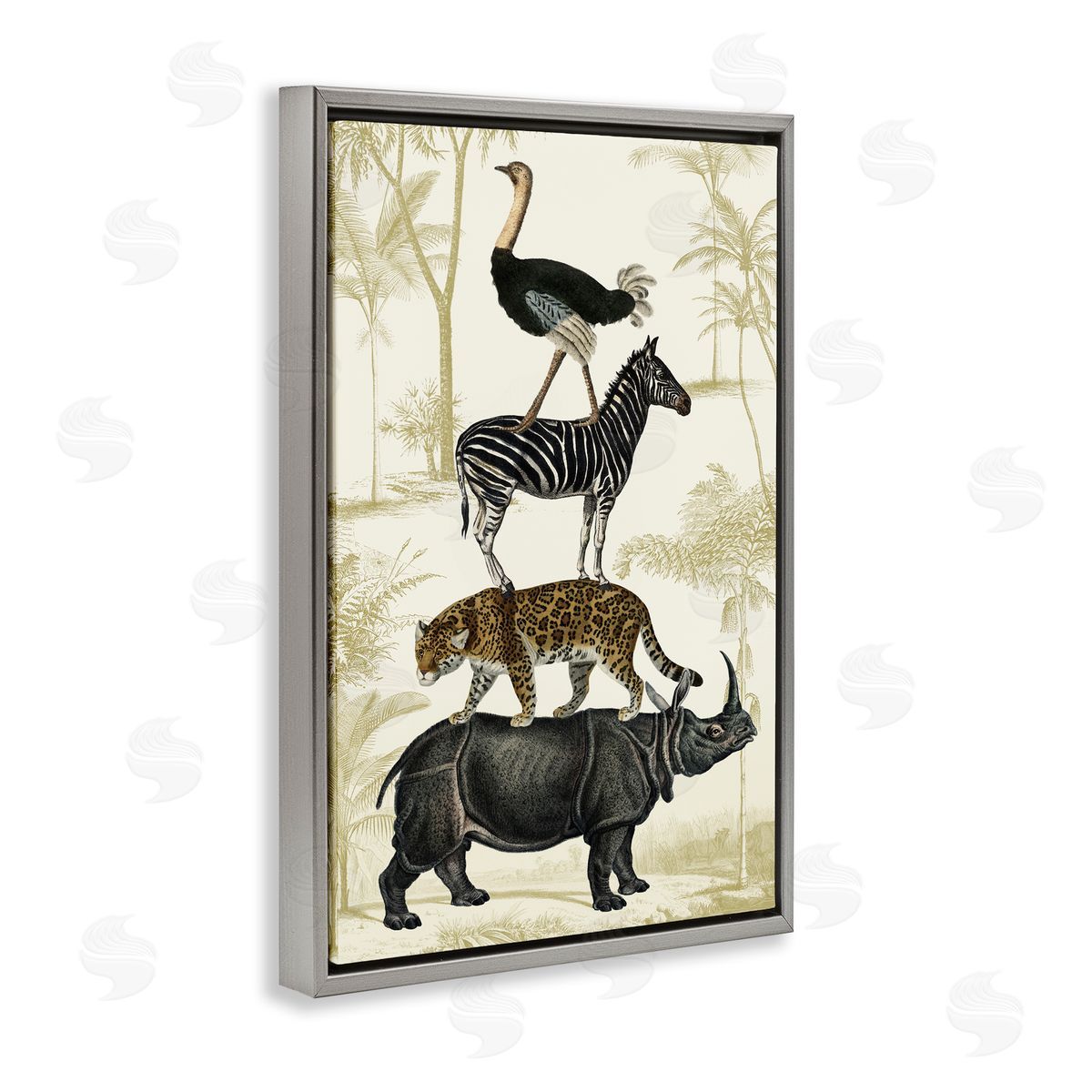 Tower of Safari Animals Grey Floating Frame Canvas Wall Art, Home Decor by Victoria Barnes