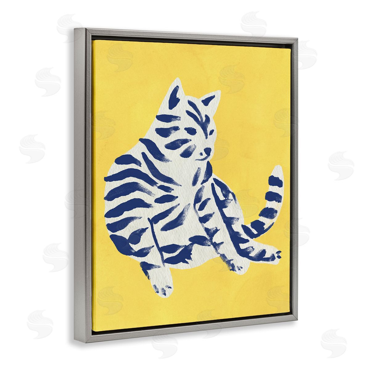 Unique Bright Cat on Yellow Grey Floating Frame Canvas Wall Art, Home Decor by June Erica Vess