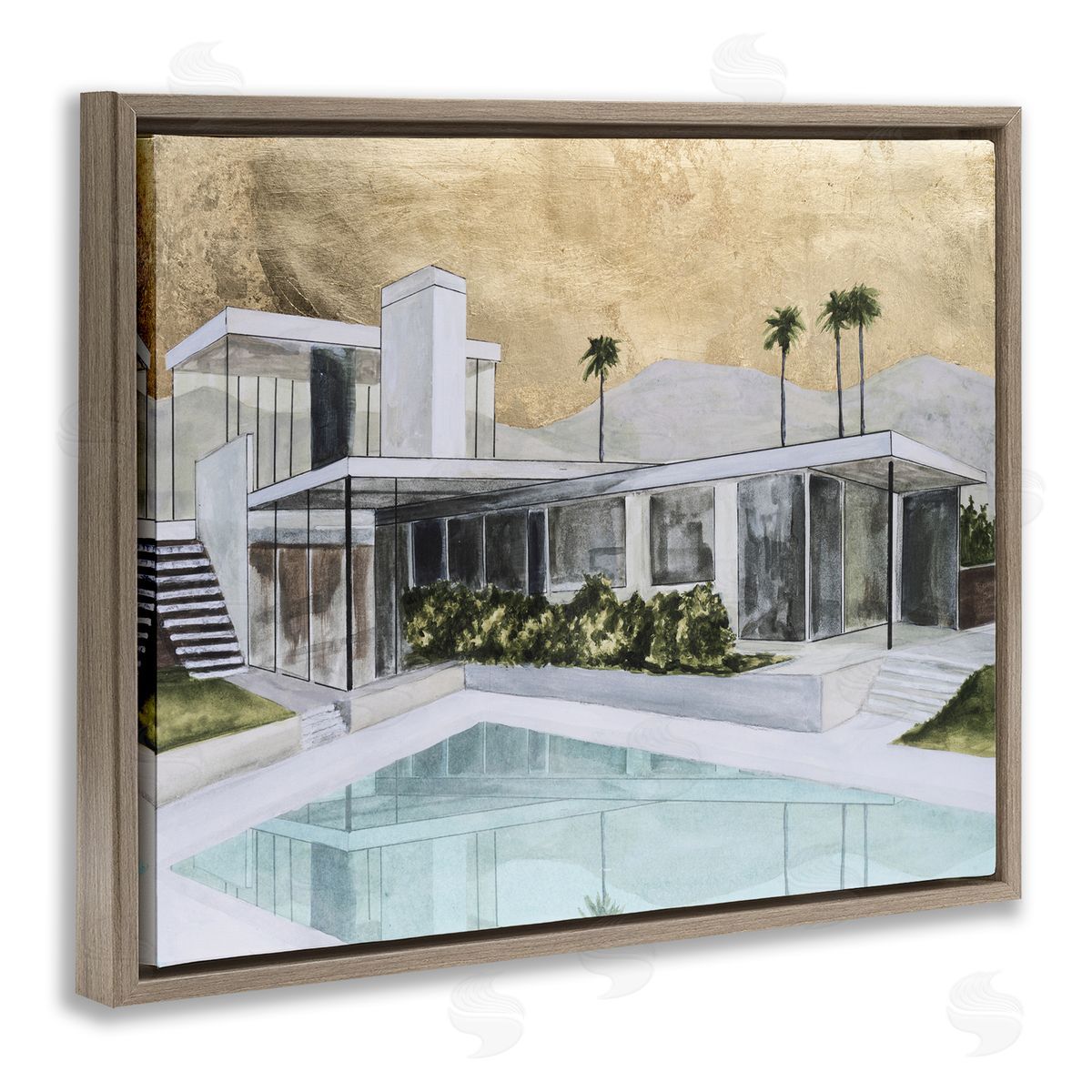 Chic Tropical Pool Yard Brown Floating Frame Canvas Wall Art, Home Decor by Michael Willett