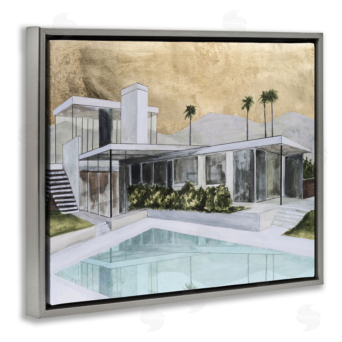 Chic Tropical Pool Yard Grey Floating Frame Canvas Wall Art, Home Decor by Michael Willett