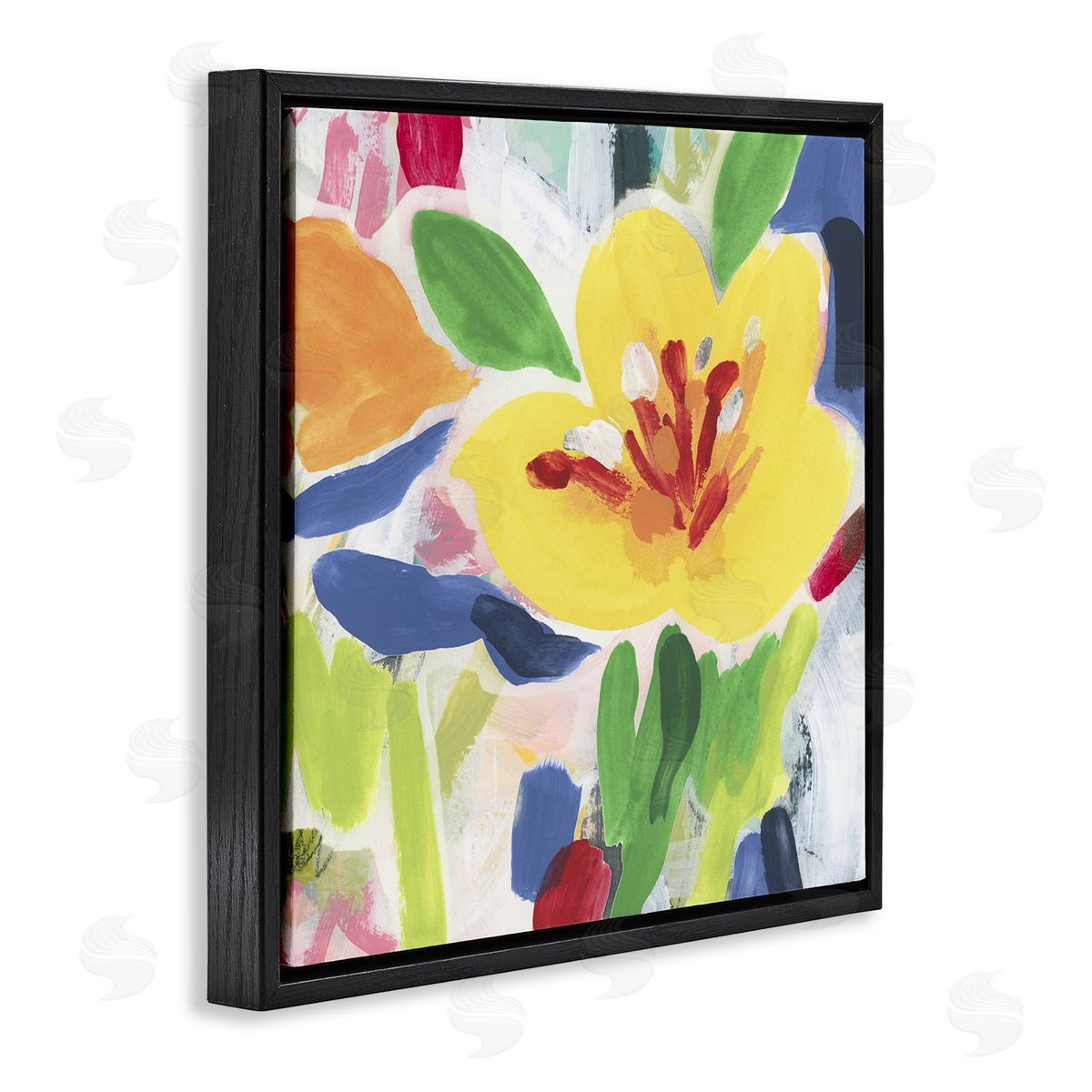 Bright Yellow Buttercup Blooms Black Floating Frame Canvas Wall Art, Home Decor by June Erica Vess
