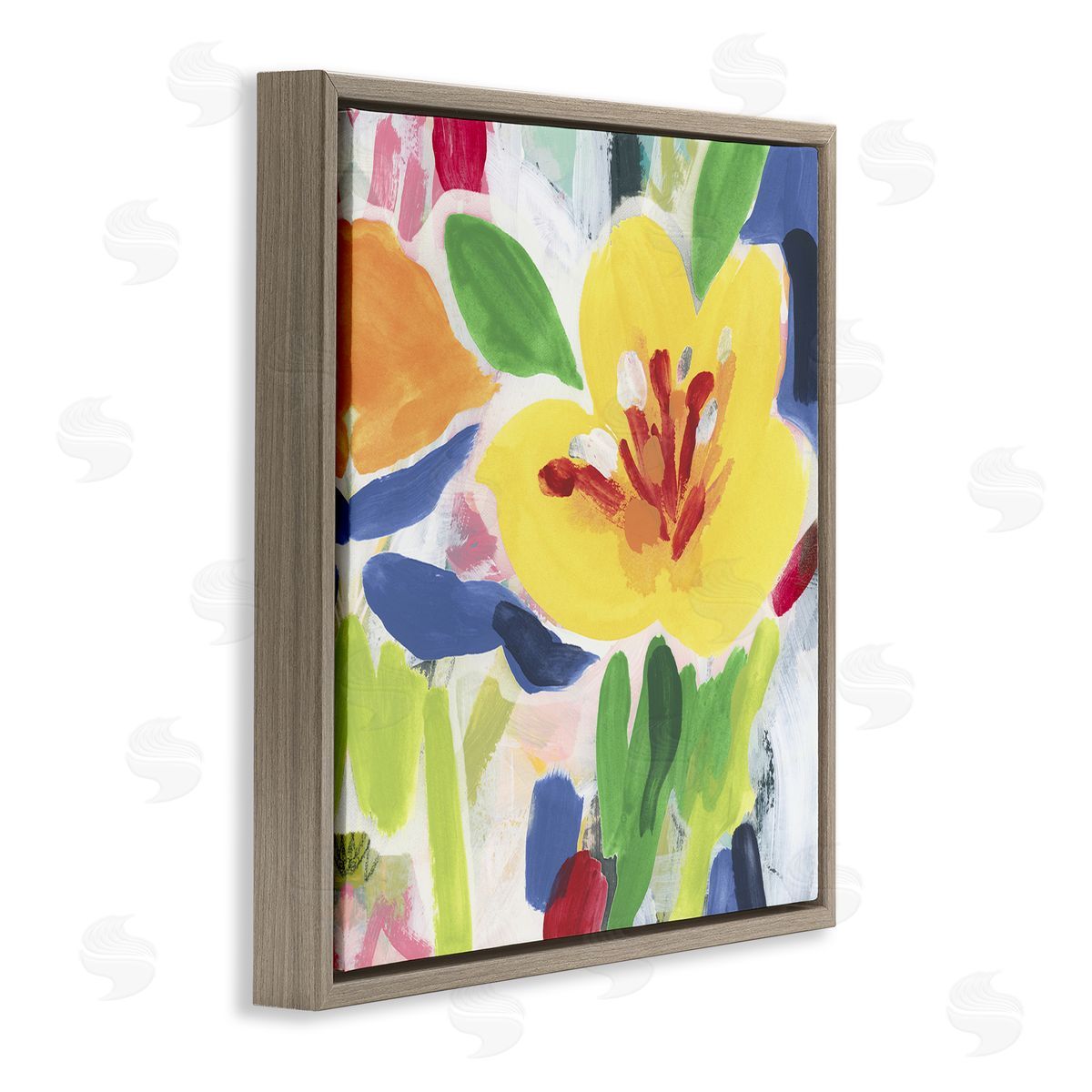 Bright Yellow Buttercup Blooms Brown Floating Frame Canvas Wall Art, Home Decor by June Erica Vess