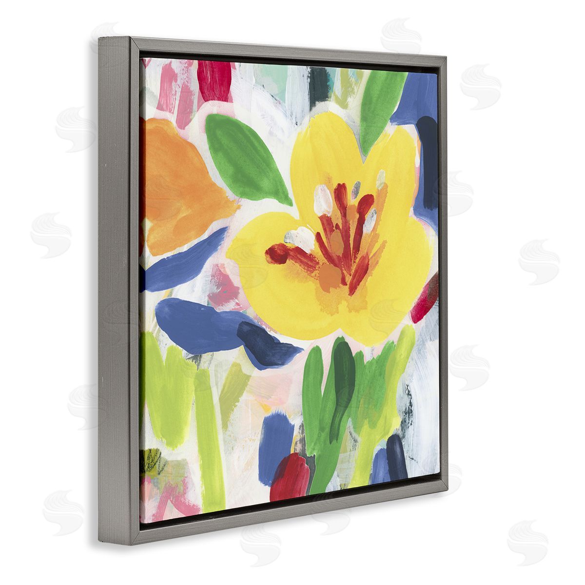 Bright Yellow Buttercup Blooms Grey Floating Frame Canvas Wall Art, Home Decor by June Erica Vess