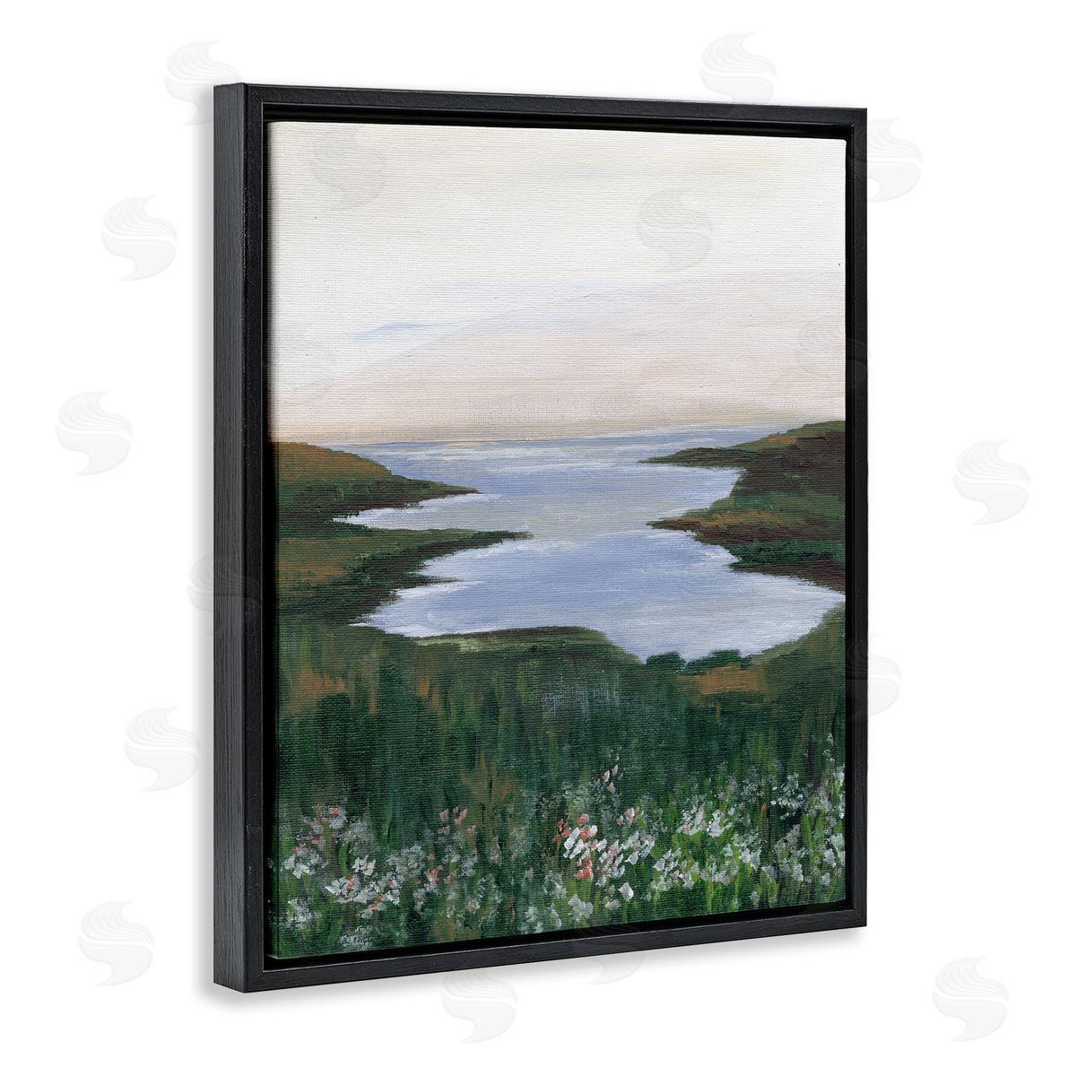 Peaceful Greenery by Lake Black Floating Frame Canvas Wall Art, Home Decor by Nikita Jariwala
