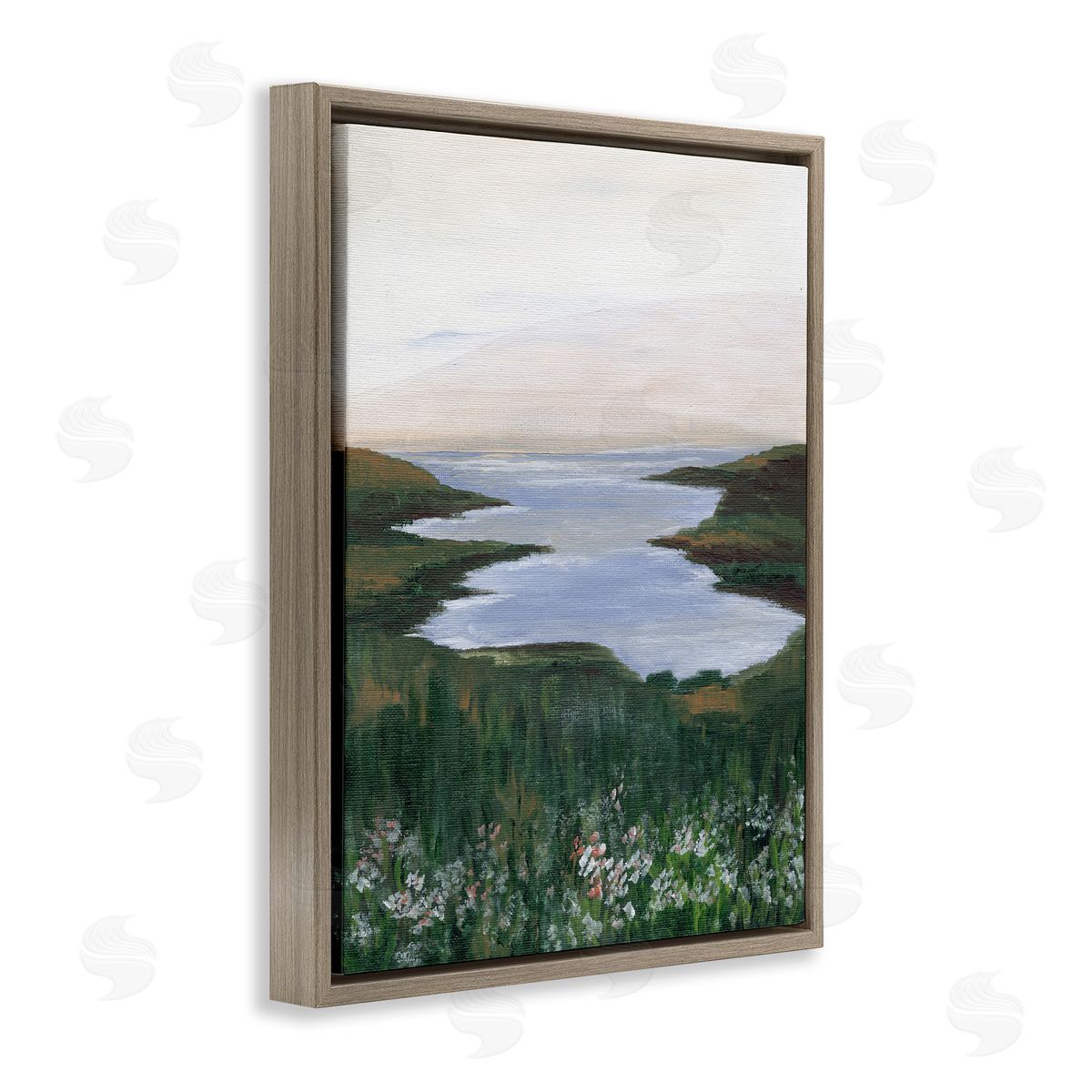 Peaceful Greenery by Lake Brown Floating Frame Canvas Wall Art, Home Decor by Nikita Jariwala