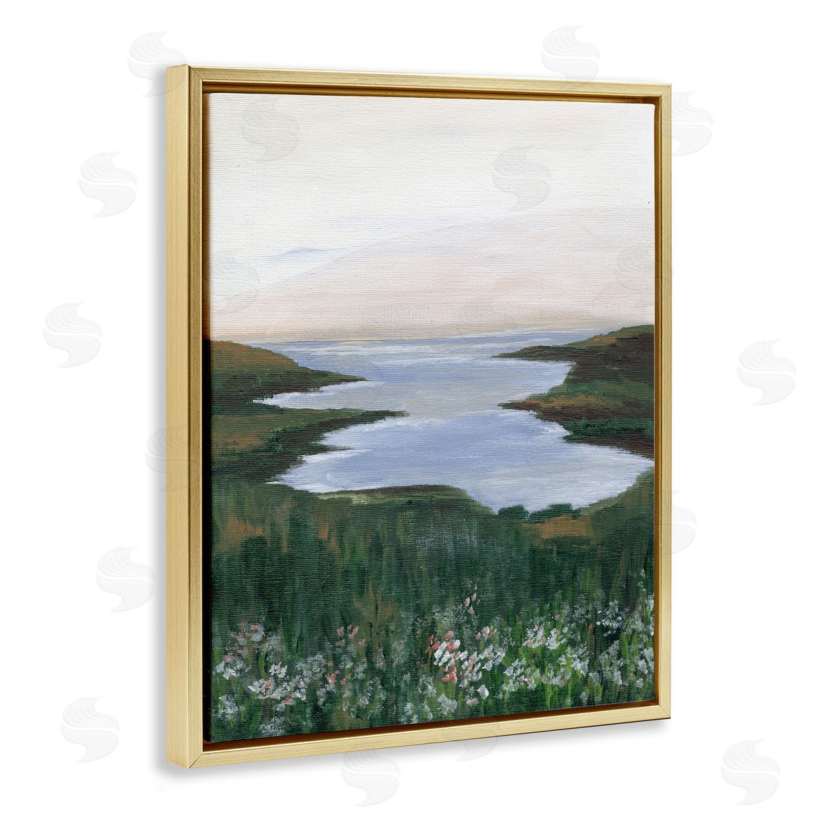 Peaceful Greenery by Lake Gold Floating Frame Canvas Wall Art, Home Decor by Nikita Jariwala