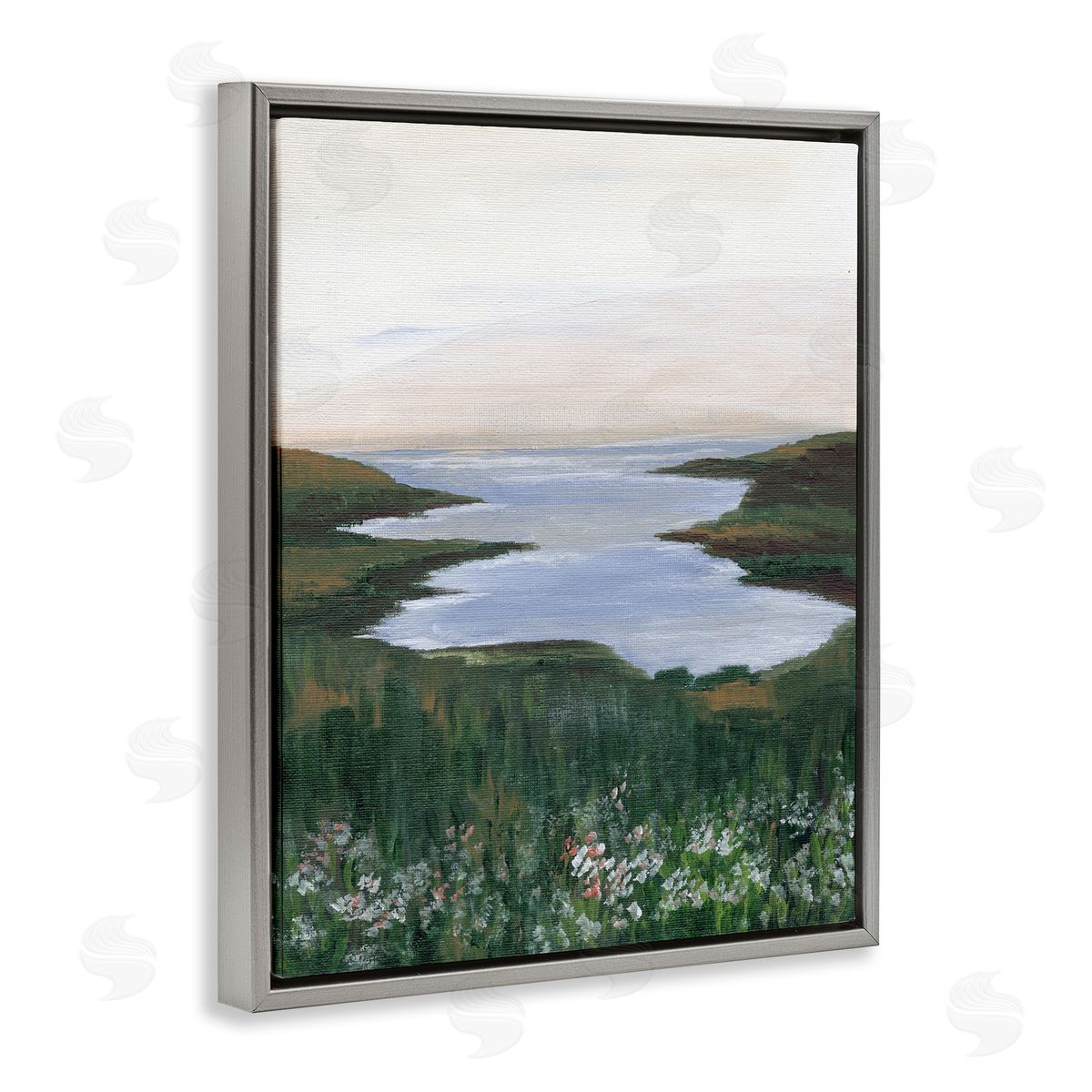 Peaceful Greenery by Lake Grey Floating Frame Canvas Wall Art, Home Decor by Nikita Jariwala