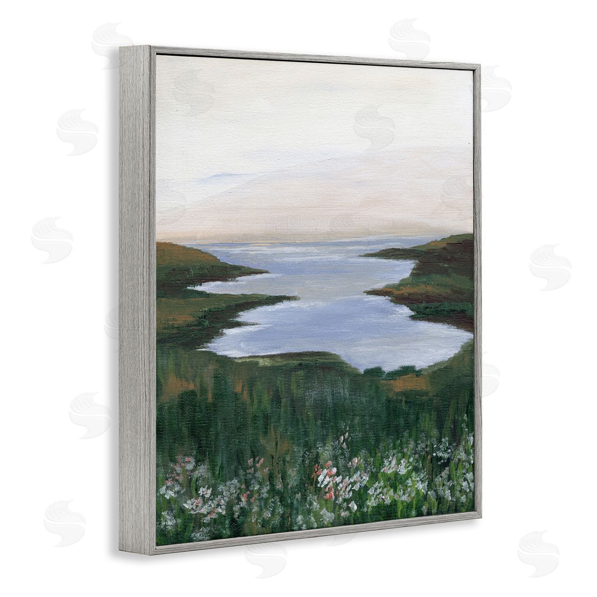 Peaceful Greenery by Lake Grey Frame Print Wall Art, Home Decor by Nikita Jariwala