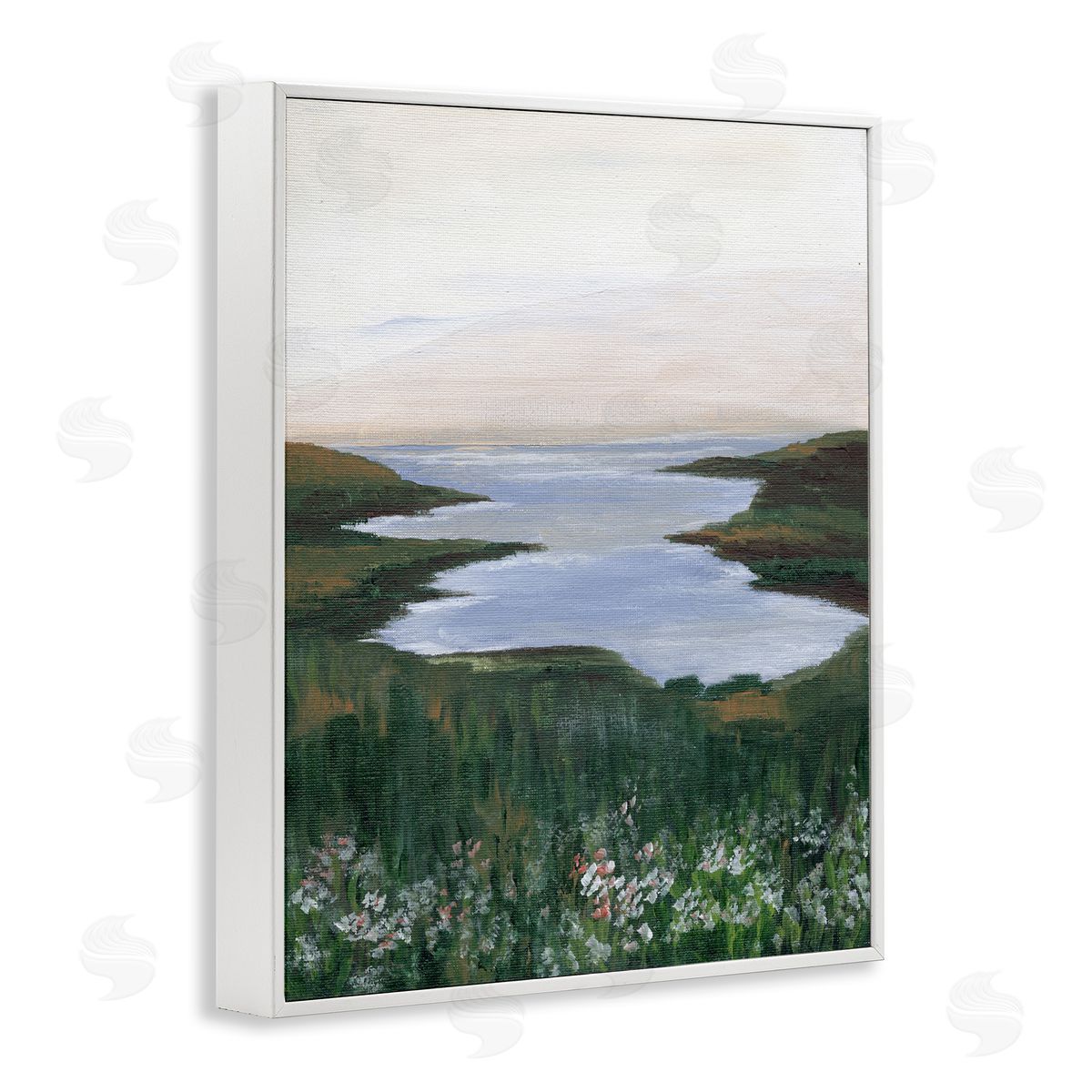 Peaceful Greenery by Lake White Frame Print Wall Art, Home Decor by Nikita Jariwala