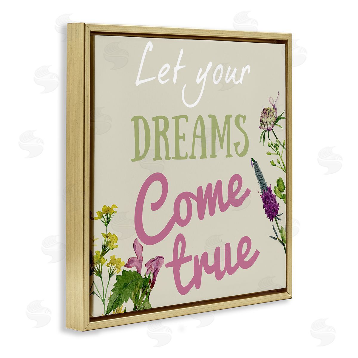 Dreams Come True with Florals Gold Floating Frame Canvas Wall Art, Home Decor by Kim Allen