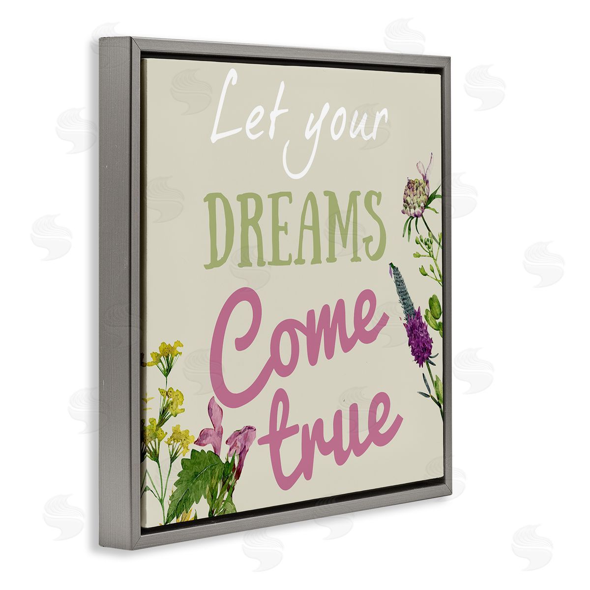 Dreams Come True with Florals Grey Floating Frame Canvas Wall Art, Home Decor by Kim Allen