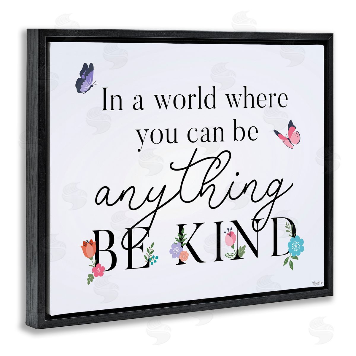 Floral & Butterflies Be Kind Black Floating Frame Canvas Wall Art, Home Decor by Gigi Louise