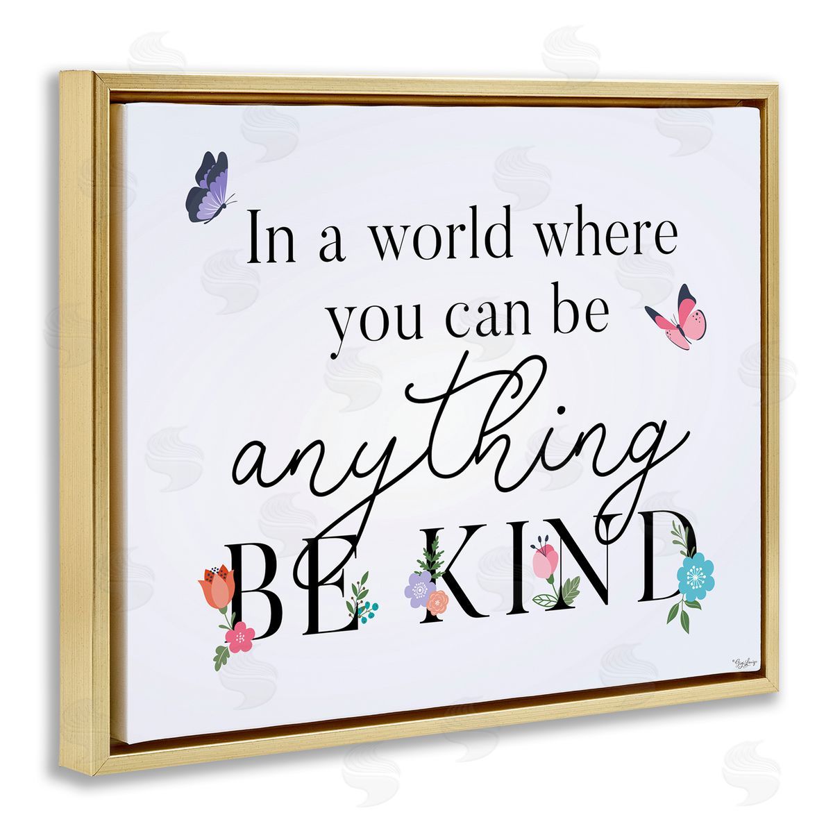 Floral & Butterflies Be Kind Gold Floating Frame Canvas Wall Art, Home Decor by Gigi Louise