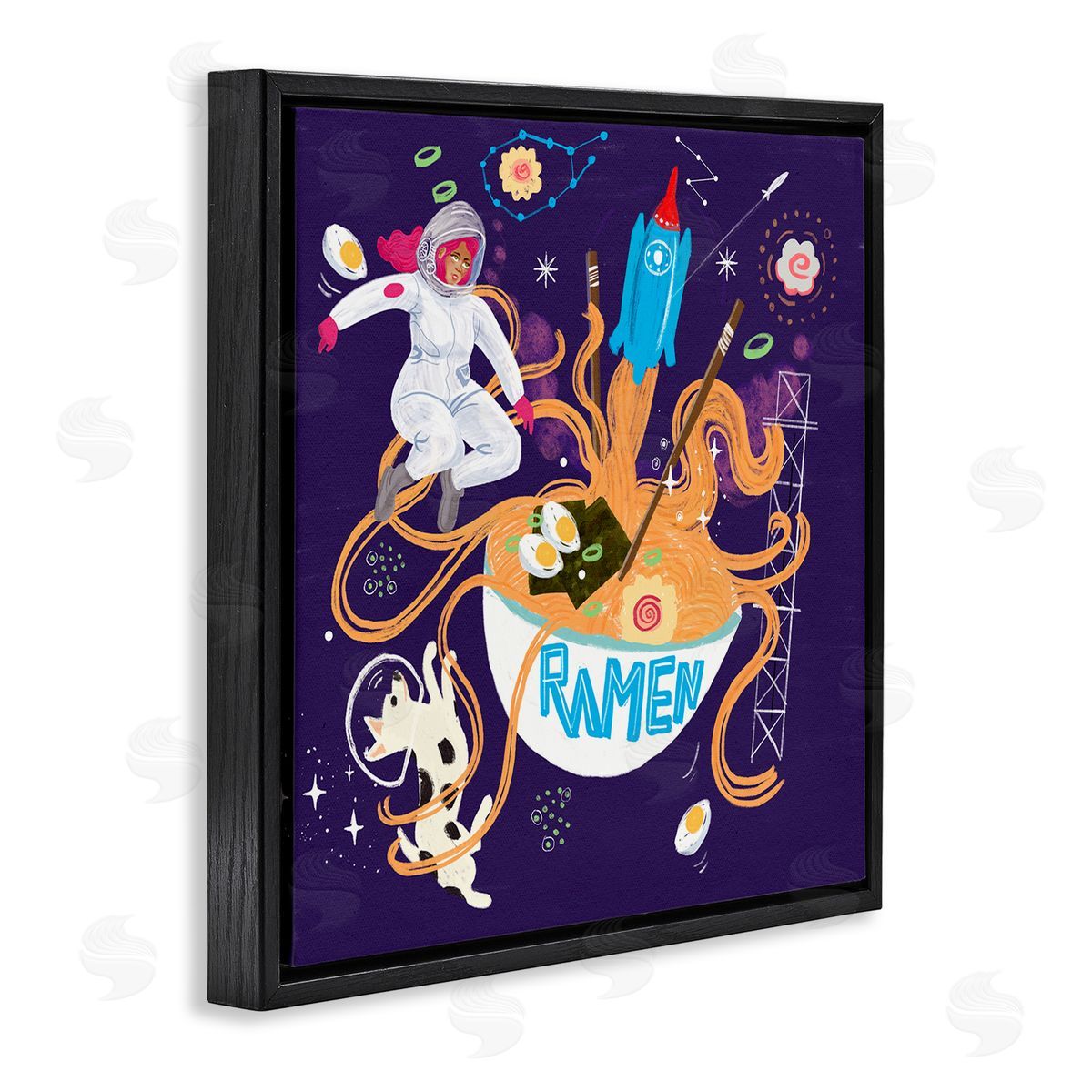 Whimsical Ramen in Space Black Floating Frame Canvas Wall Art, Home Decor by Juliet Rose Philips