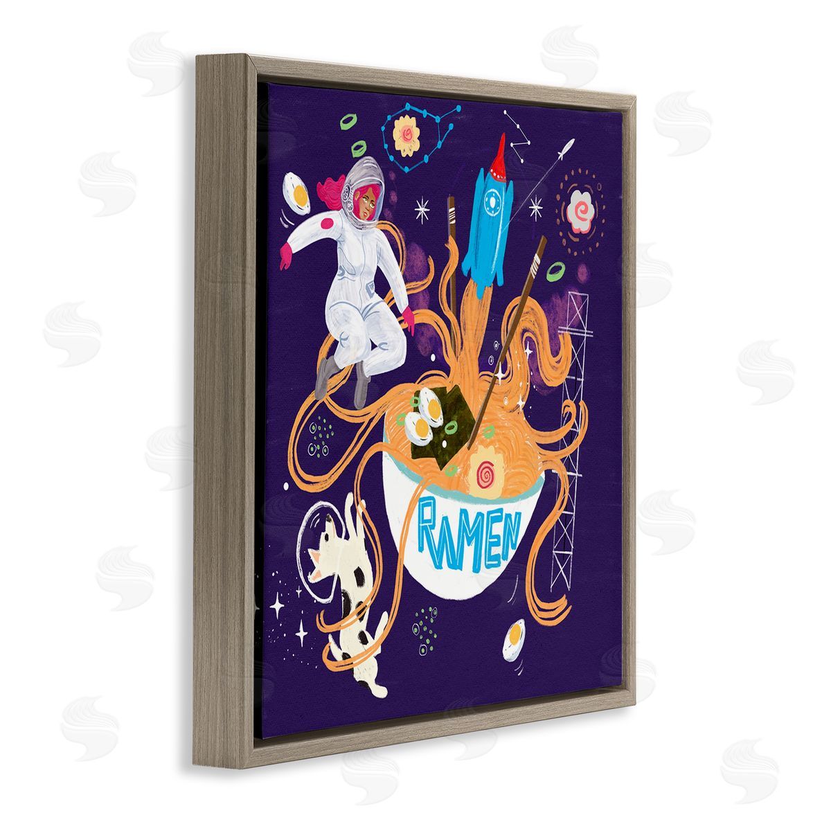 Whimsical Ramen in Space Brown Floating Frame Canvas Wall Art, Home Decor by Juliet Rose Philips