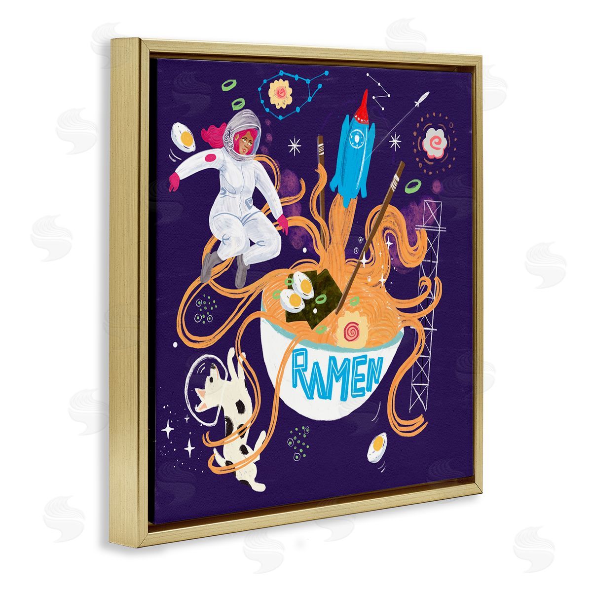 Whimsical Ramen in Space Gold Floating Frame Canvas Wall Art, Home Decor by Juliet Rose Philips