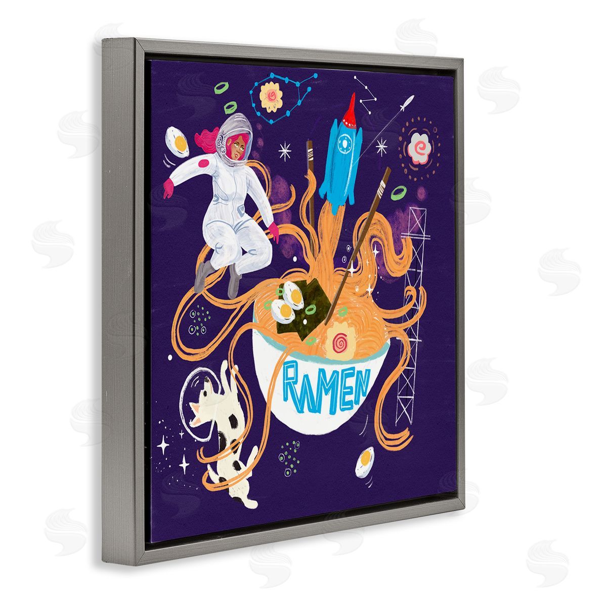 Whimsical Ramen in Space Grey Floating Frame Canvas Wall Art, Home Decor by Juliet Rose Philips