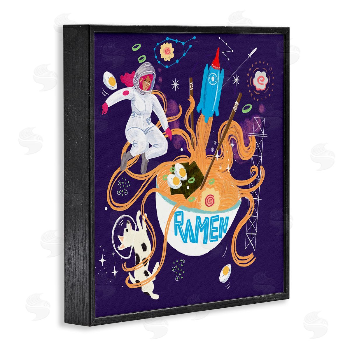 Whimsical Ramen in Space Black Frame Print Wall Art, Home Decor by Juliet Rose Philips