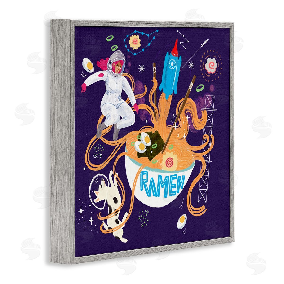 Whimsical Ramen in Space Grey Frame Print Wall Art, Home Decor by Juliet Rose Philips