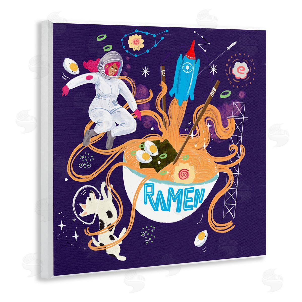 Whimsical Ramen in Space Wood Plaque Wall Art, Home Decor by Juliet Rose Philips