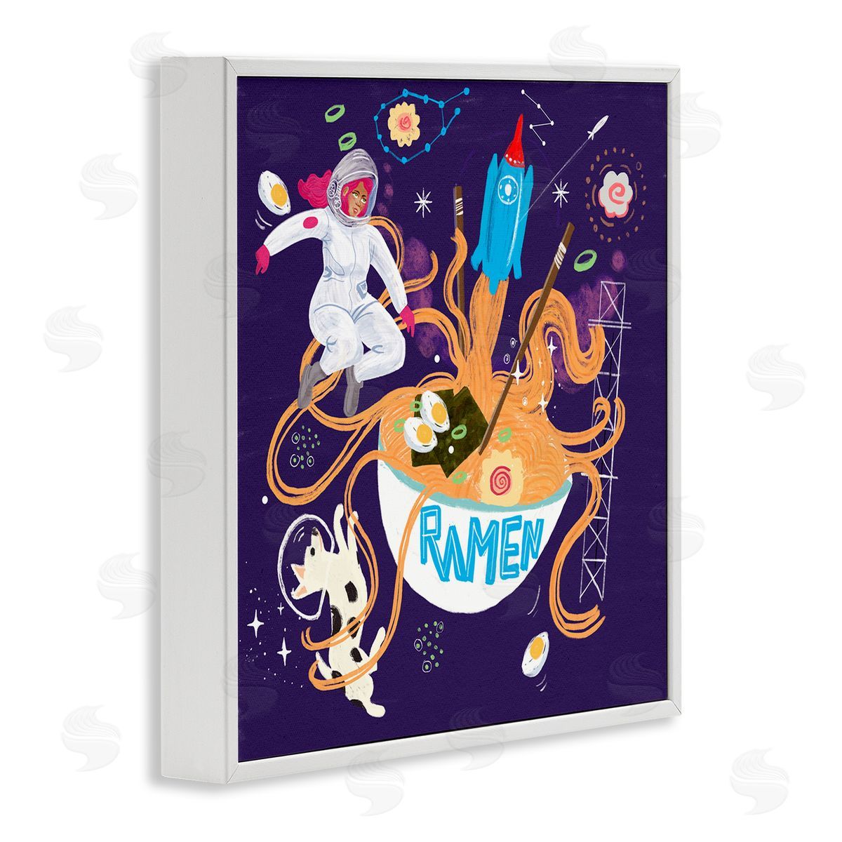Whimsical Ramen in Space White Frame Print Wall Art, Home Decor by Juliet Rose Philips