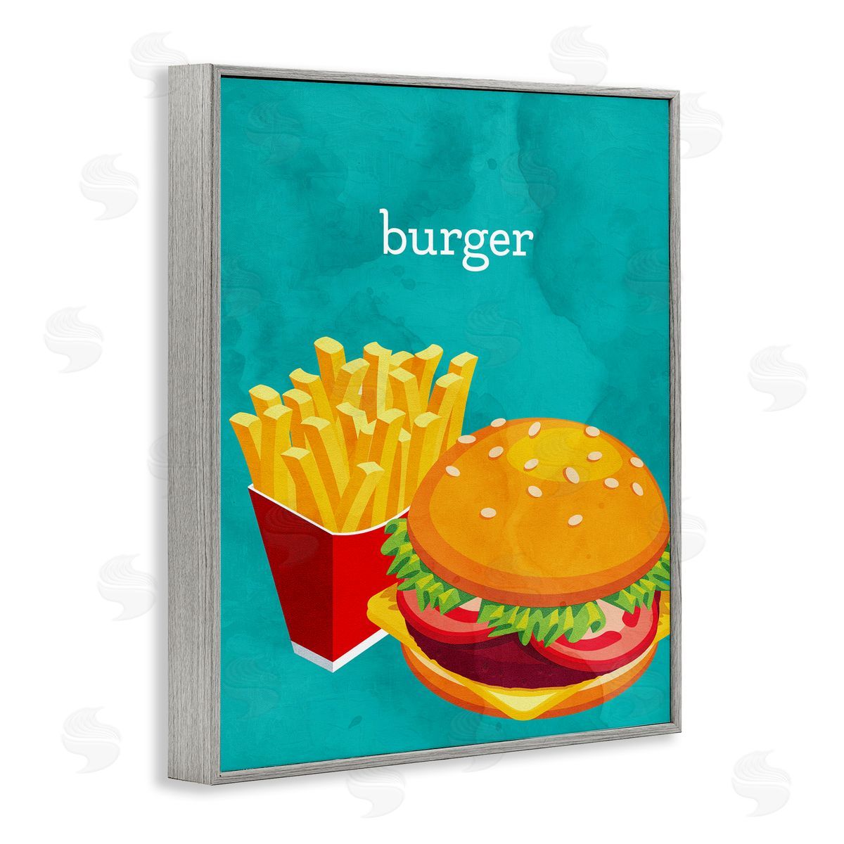 Satisfying Burger & Fries Grey Frame Print Wall Art, Home Decor by Kim Allen