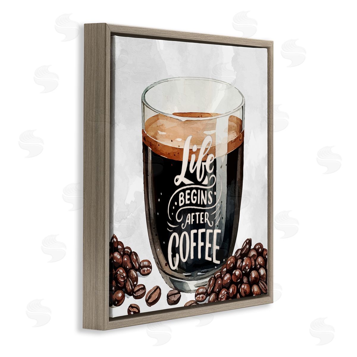 Life Begins After Coffee Brown Floating Frame Canvas Wall Art, Home Decor by Kim Allen
