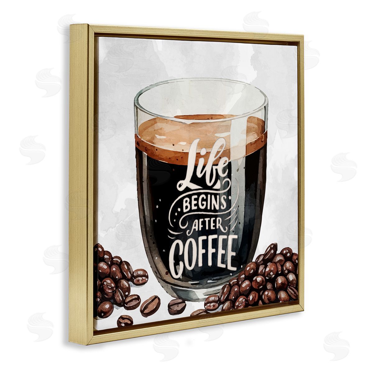 Life Begins After Coffee Gold Floating Frame Canvas Wall Art, Home Decor by Kim Allen