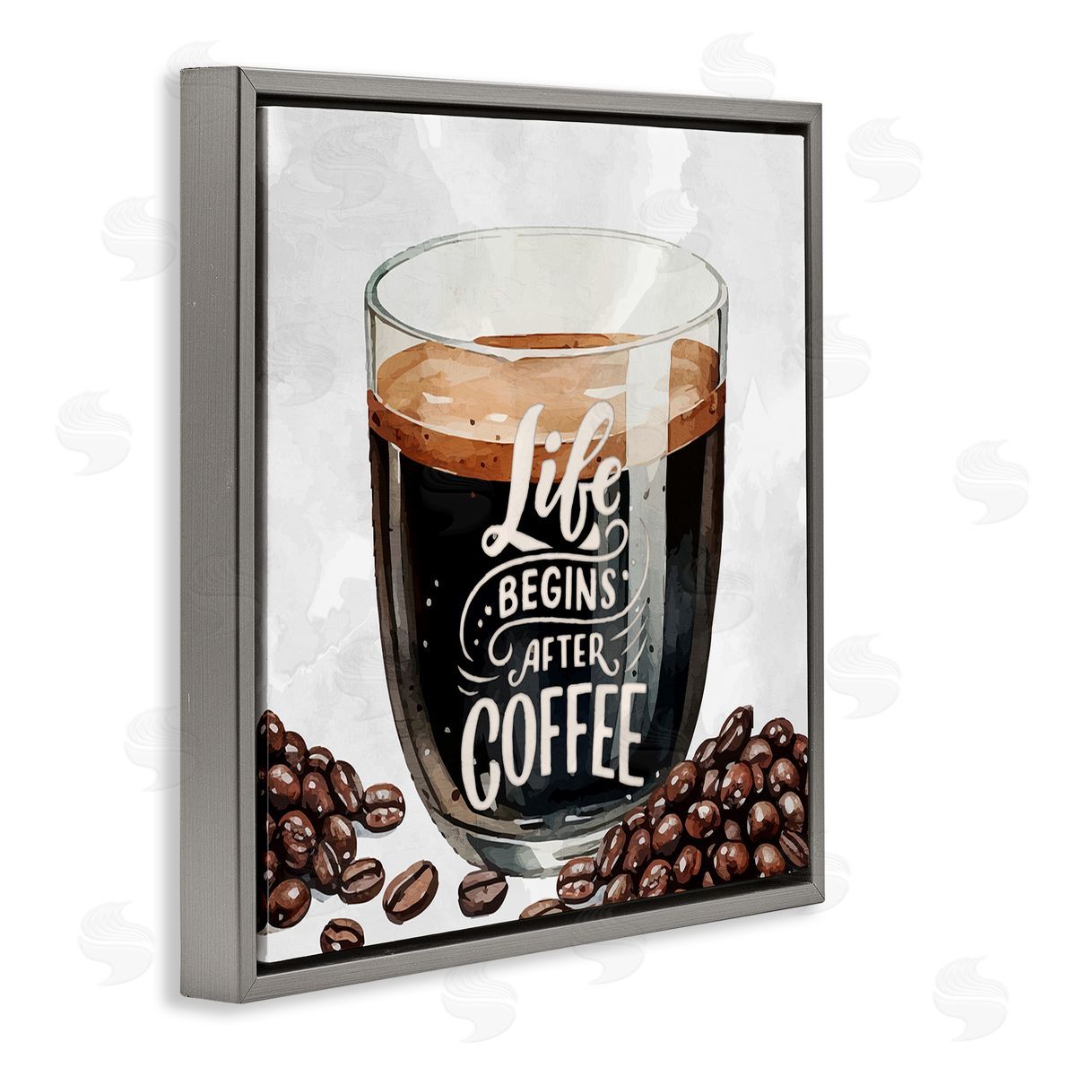 Life Begins After Coffee Grey Floating Frame Canvas Wall Art, Home Decor by Kim Allen
