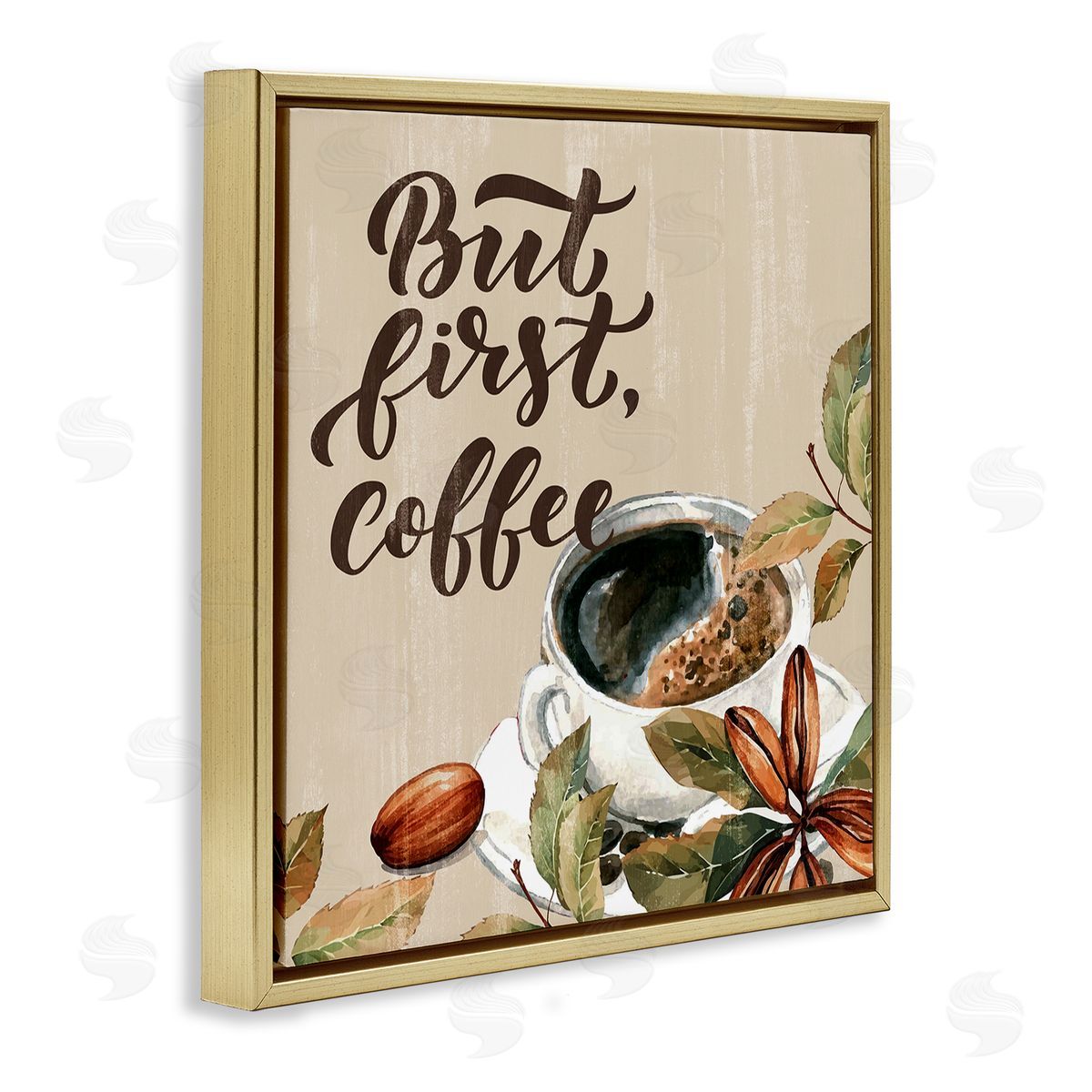 Rustic But First Coffee Gold Floating Frame Canvas Wall Art, Home Decor by Kim Allen