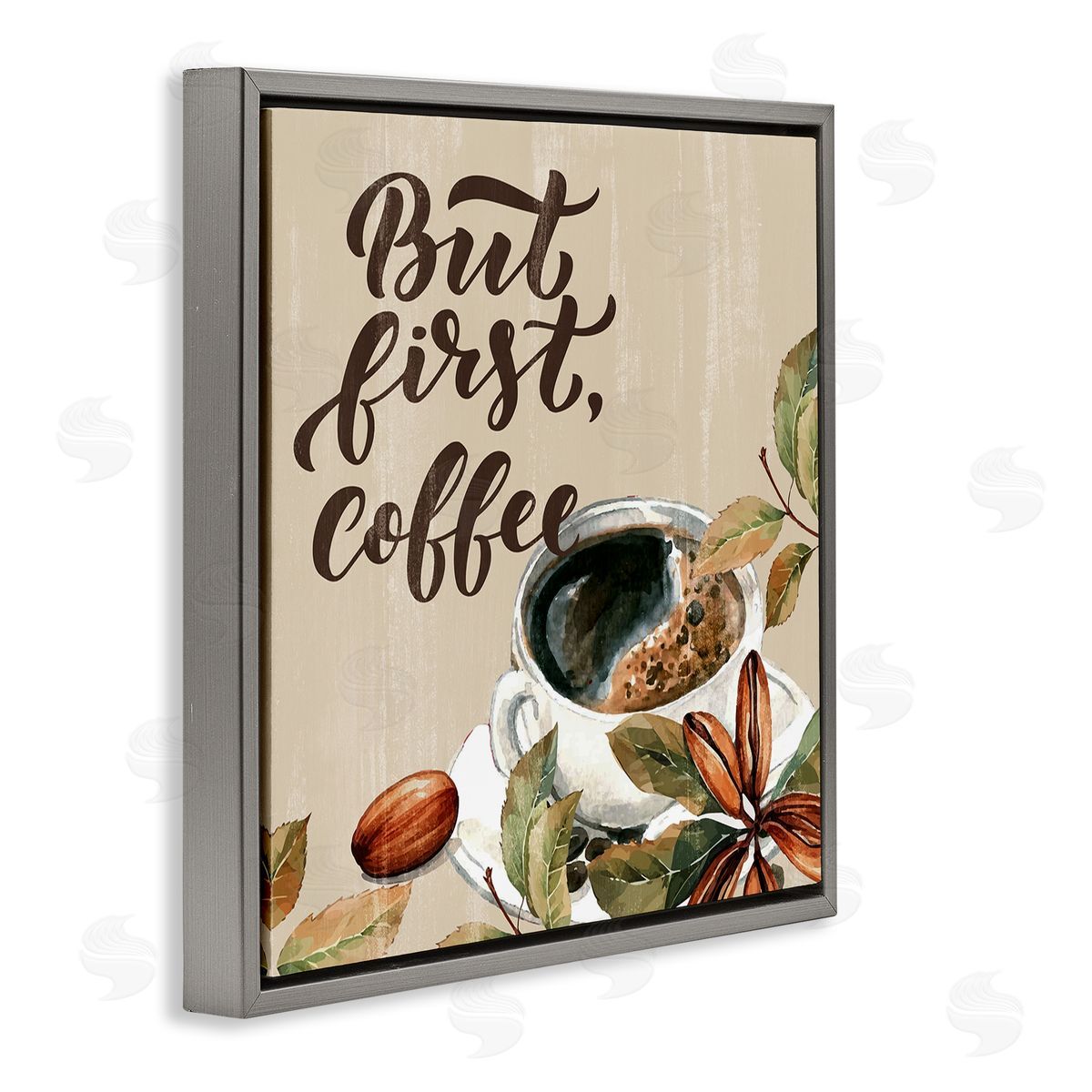 Rustic But First Coffee Grey Floating Frame Canvas Wall Art, Home Decor by Kim Allen