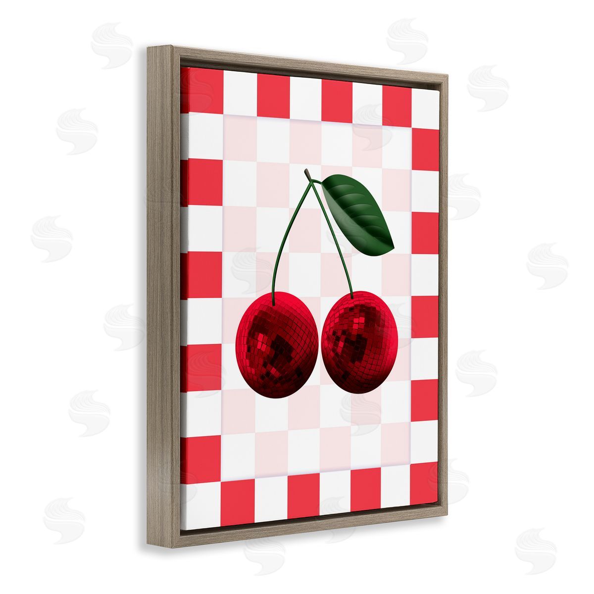 Disco Cherries on Checkered Brown Floating Frame Canvas Wall Art, Home Decor by Marcus Prime